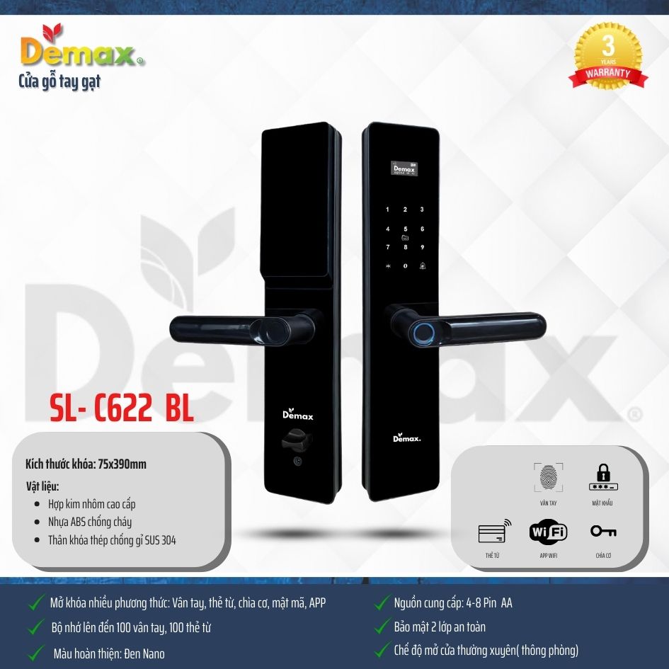 Khoá cửa vân tay Demax SL- C622 BL App wifi