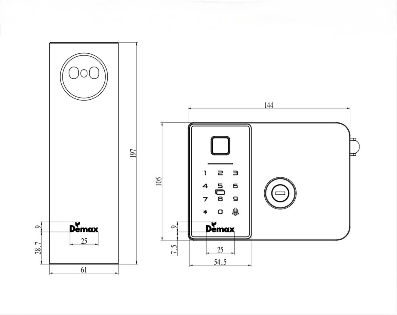 kích thước khóa cửa Demax EL-G908 GB CNC Face-ID